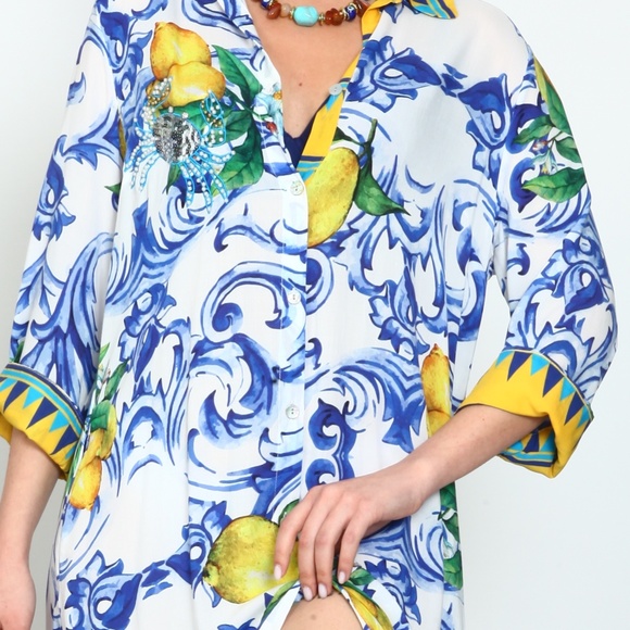 NWT Floral Lemon Pattern Viscose Button Down Silk Maxi Summer Dress Women - Picture 6 of 7